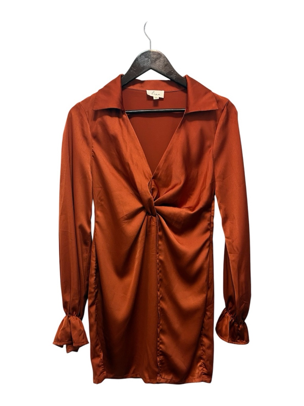 Lina Rust-Orange Satin Twist-Front Long-Sleeve Tunic
